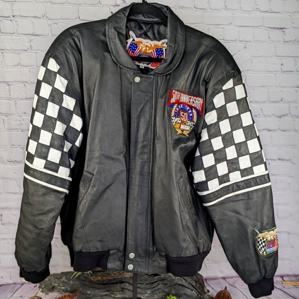 Vintage NASCAR 50th Anniversary Jeff Hamilton Black Leather Jacket